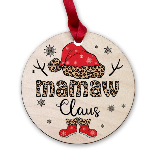 Personalized Wood Grandma Claus Ornament Leopard Pattern