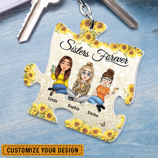 Sister Forever Puzzle Piece Shaped Sunflower Personalized Keychain