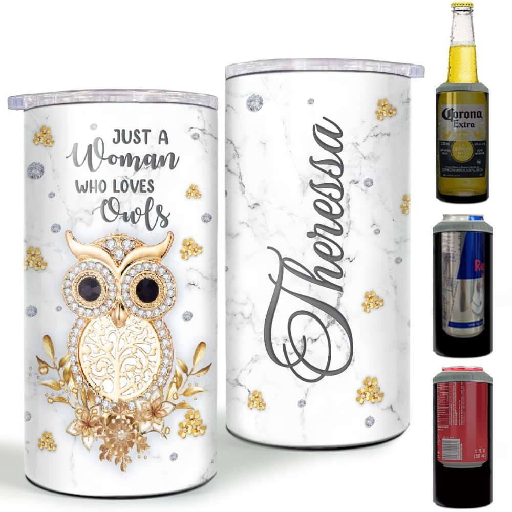 Personalized A Woman Loves Owl Can Cooler Jewelry Drawing Style