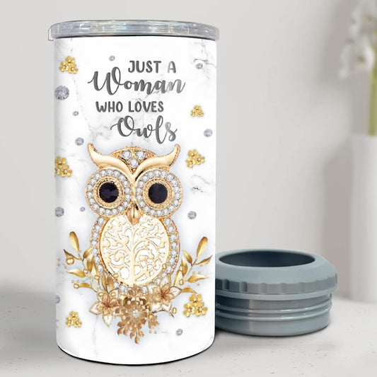 Personalized A Woman Loves Owl Can Cooler Jewelry Drawing Style