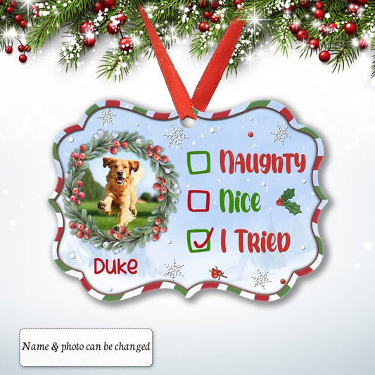 Personalized Aluminum Puppy Ornament Naughty or Nice