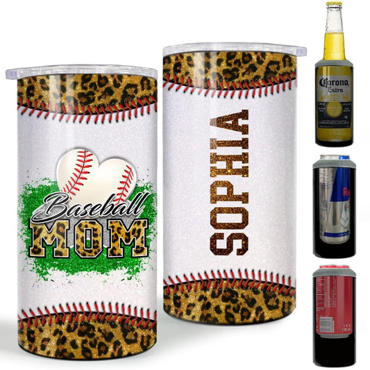 Personalized Baseball Can Cooler Leopard Glitter Drawing For Mom