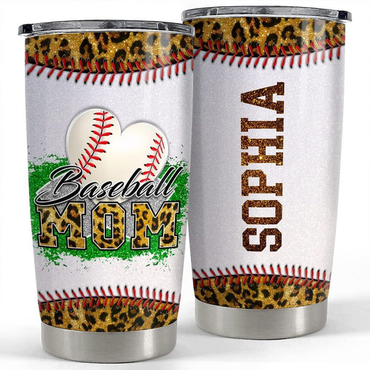 Personalized Baseball Mom Tumbler Leopard Glitter Mother's Day Gift