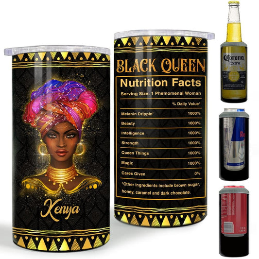 Personalized Black Queen Nutrition Facts Can Cooler Glitter Drawing