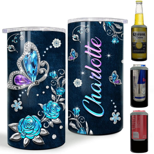 Personalized Butterfly Can Cooler Crystal Drawing Roses Jewelry Style