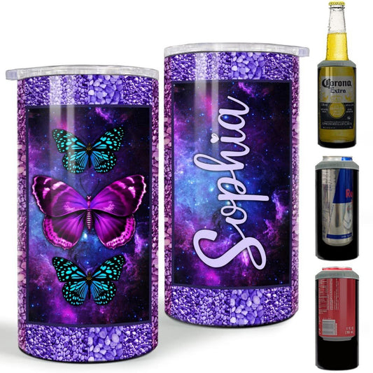 Personalized Butterfly Can Cooler Mosaic Style On Galaxy Background