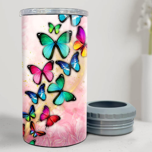 Personalized Butterfly Can Cooler Pink Pattern Glitter Drawing