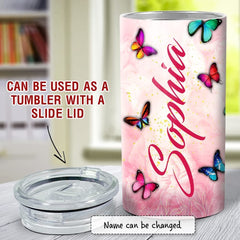 Personalized Butterfly Can Cooler Pink Pattern Glitter Drawing