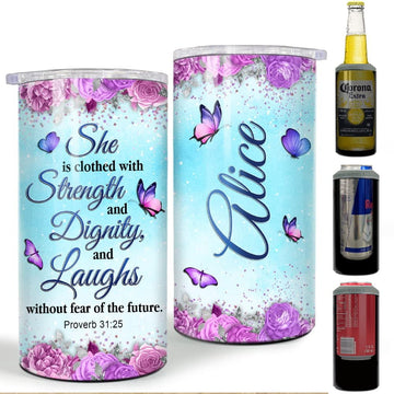 Personalized Butterfly Can Cooler Purple Drawing Roses For Women