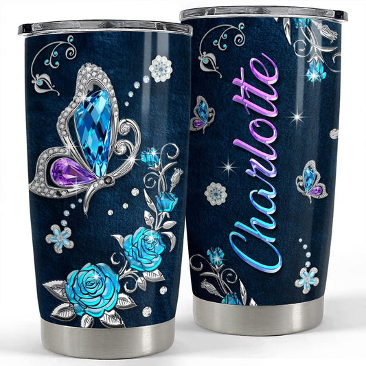 Personalized Butterfly Tumbler Crystal Drawing Roses For Animal Lover