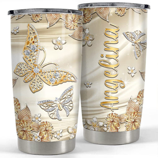 Personalized Butterfly Tumbler Golden Sheen Jewelry Drawing Style