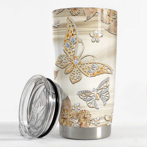 Personalized Butterfly Tumbler Golden Sheen Jewelry Drawing Style