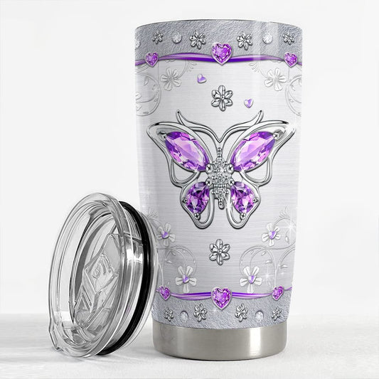 Personalized Butterfly Tumbler Purple Color Jewelry Drawing Style