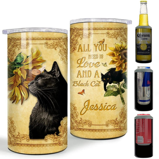Personalized Cat Can Cooler Black Cat Sunflower For Cats Lovers