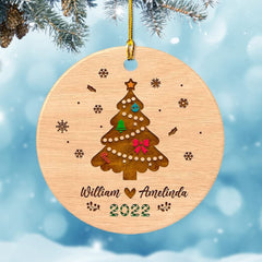 Personalized Ceramic Ornament Couple Pine Tree Wooden Style
