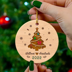 Personalized Ceramic Ornament Couple Pine Tree Wooden Style