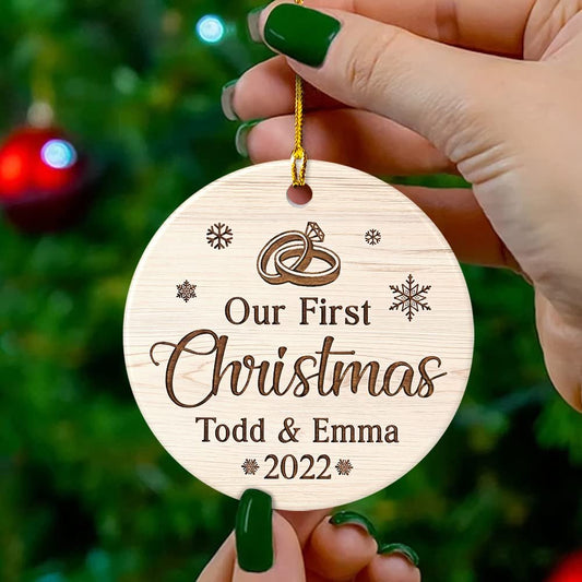 Personalized Ceramic Ornament First Xmas Couple With Rings