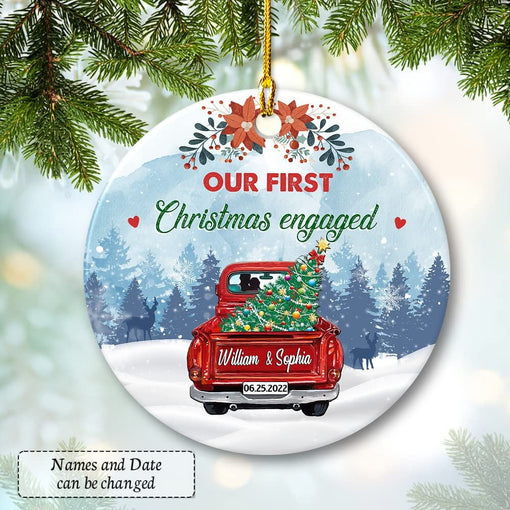 Personalized Ceramic Ornament First Xmas Engaged Red Truck