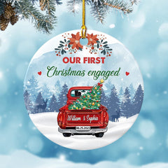 Personalized Ceramic Ornament First Xmas Engaged Red Truck