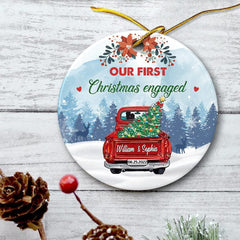 Personalized Ceramic Ornament First Xmas Engaged Red Truck