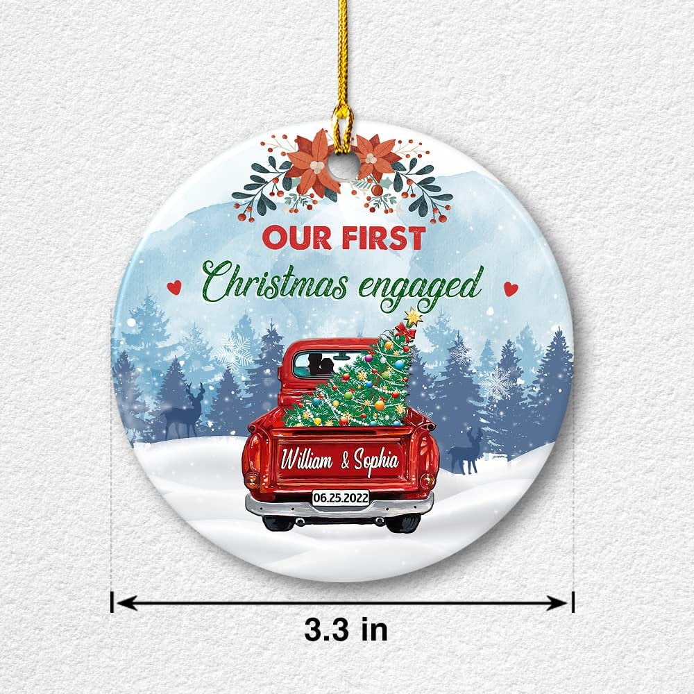 Personalized Ceramic Ornament First Xmas Engaged Red Truck