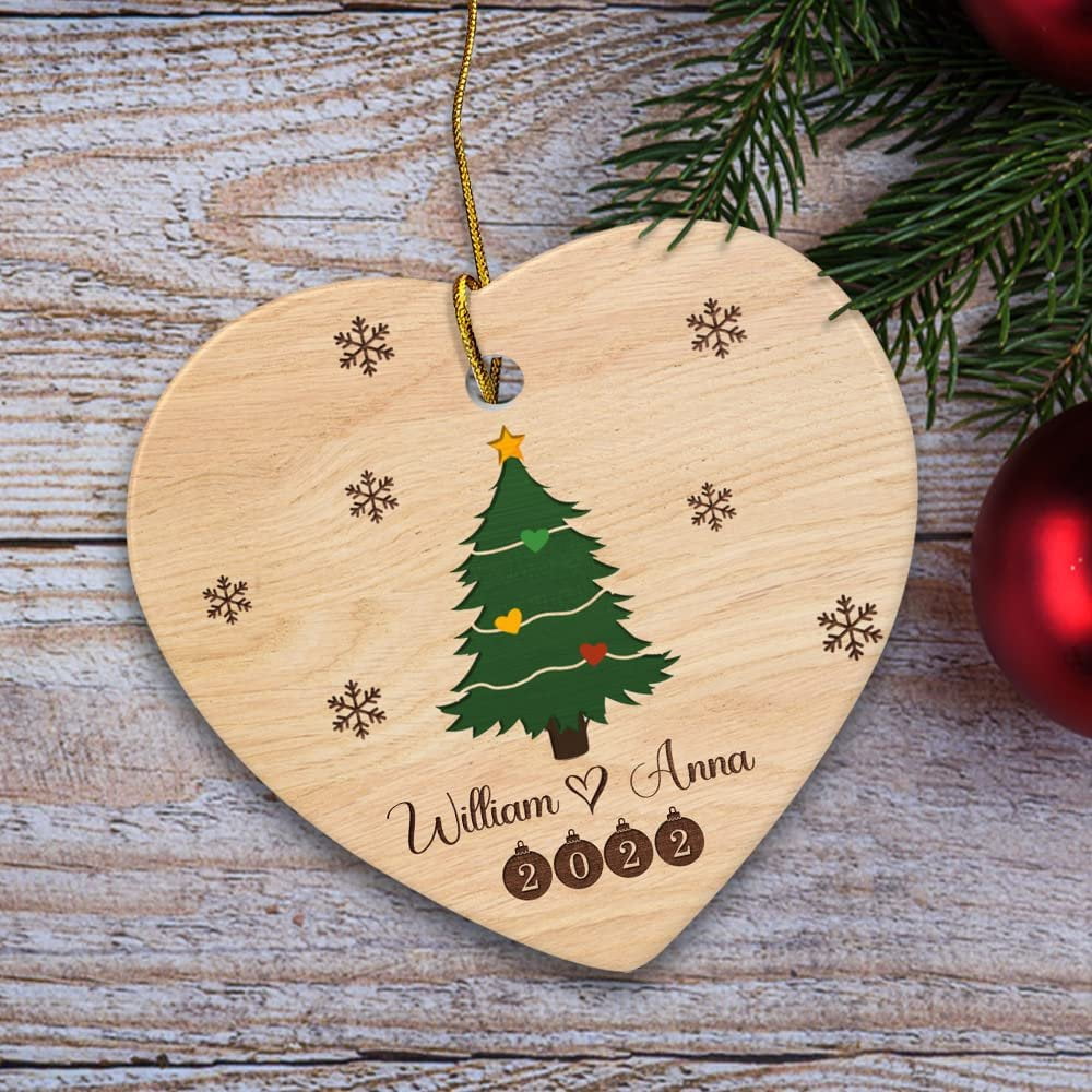 Personalized Couple Ornament Pine Tree Wooden Style