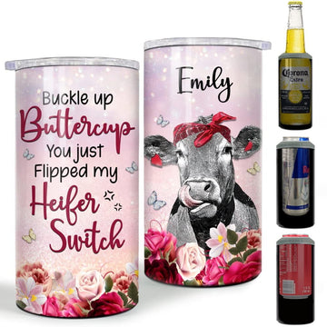 Personalized Cow Can Cooler Buckle Up Buttercup Floral Pattern
