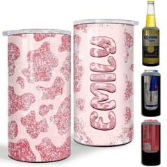 Personalized Cow Can Cooler Pink Cowhide Doodle For Girl Women