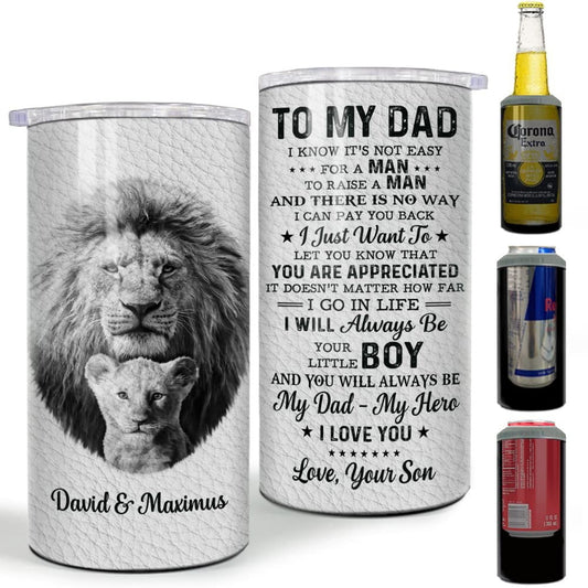 Personalized Dad Can Cooler Lion Father And Son Leather Drawing
