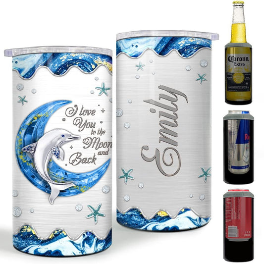 Personalized Dolphin Can Cooler Jewelry Drawing Blue Moon Animal Lover