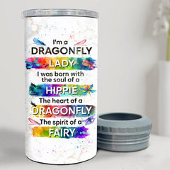 Personalized Dragonfly Can Cooler Hippie Lady Watercolor Style