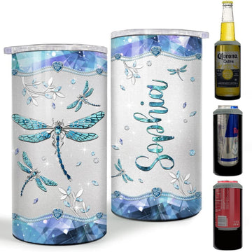 Personalized Dragonfly Can Cooler With Lid Jewelry Drawing Style