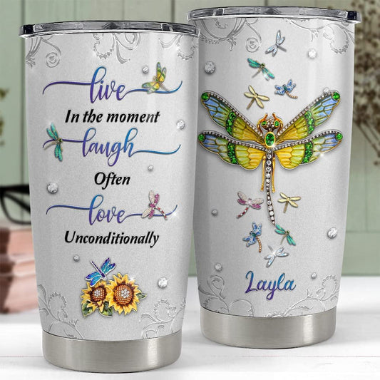 Personalized Dragonfly Tumbler Live In The Moment Inspiration Gift