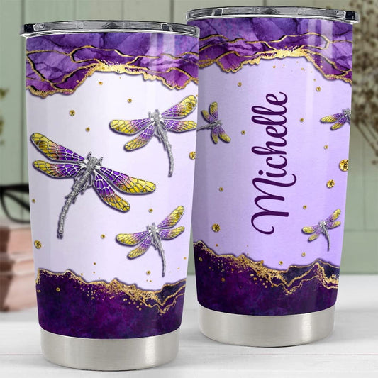 Personalized Dragonfly Tumbler Violet Marble Style For Animal Lover