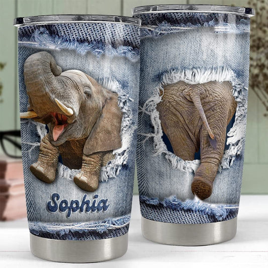 Personalized Elephant Tumbler Denim Drawing Style For Animal Lover