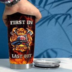Personalized Firefighter Tumbler American Flag First In Last Out