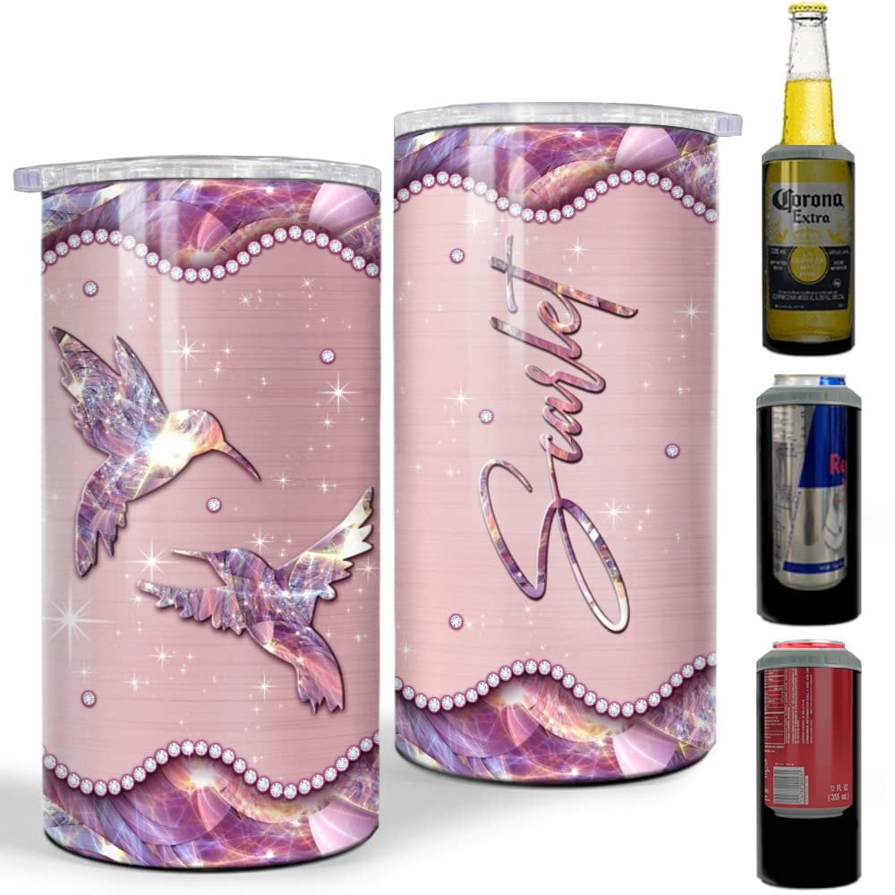 Personalized Hummingbird Can Cooler Hologram Metallic Drawing Style