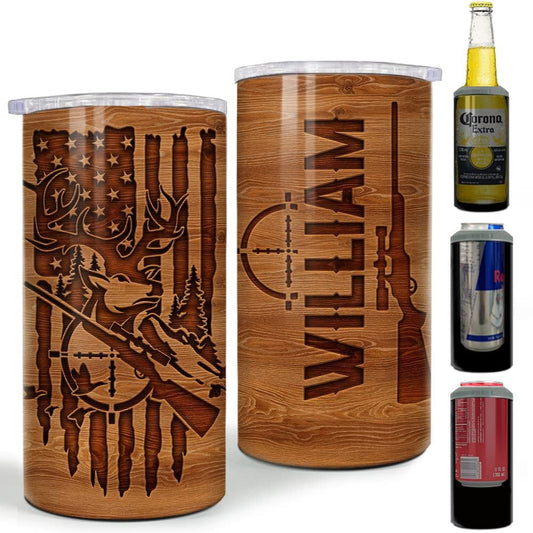 Personalized Hunting Can Cooler Wood Engraved Style American Flag