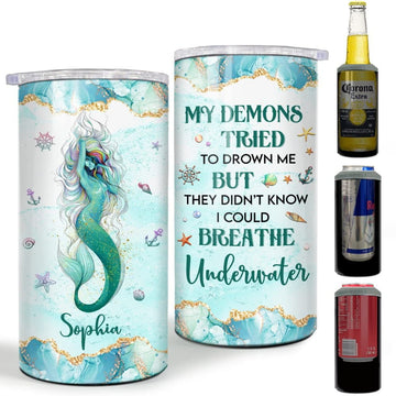 Personalized Mermaid Can Cooler Marble Drawing Style For Animal Lover