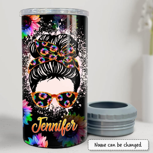 Personalized Mom Can Cooler Rainbow Sunflower Black Pattern For Mama