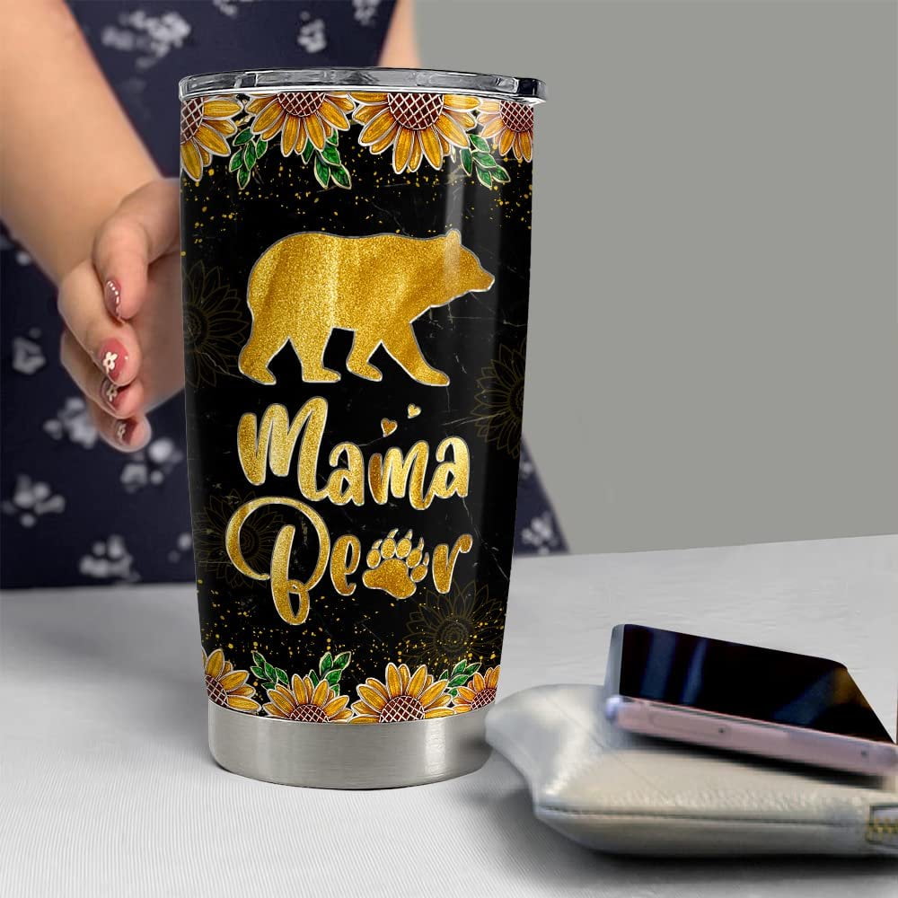 Personalized Mom Tumbler Mama Bear Gold Sunflower Mother's Day Gift