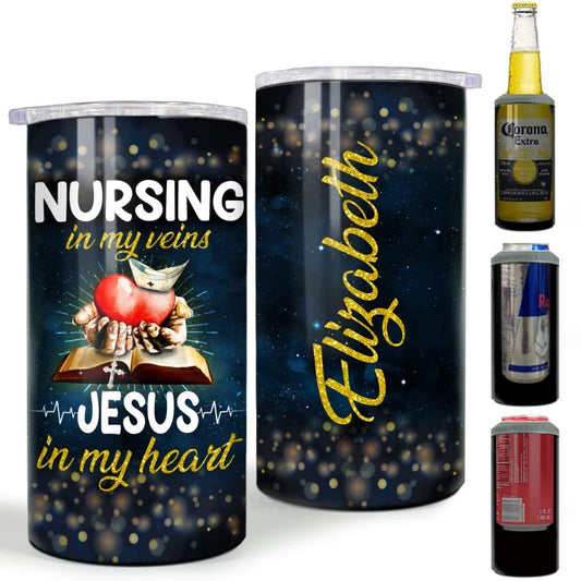 Personalized Nurse Can Cooler Jesus And Nursing Glitter Drawing