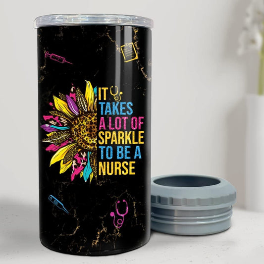 Personalized Nurse Can Cooler Sunflower Glitter Marble Drawing