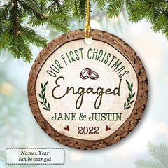 Personalized Ornament First Christmas Engaged Rustic Wood
