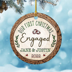 Personalized Ornament First Christmas Engaged Rustic Wood