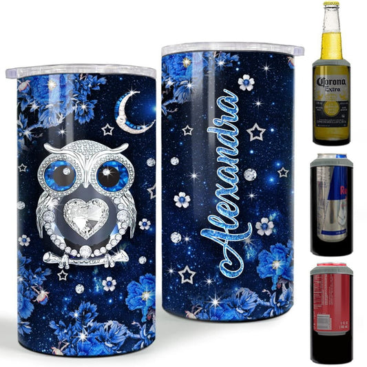 Personalized Owl Can Cooler Jewelry Drawing Style Glitter Animal Lover
