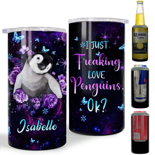 Personalized Penguin Can Cooler Roses Best Cute Gift For Friend