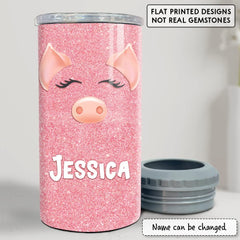 Personalized Pig Can Cooler Pink Glitter Drawing For Animal Lover