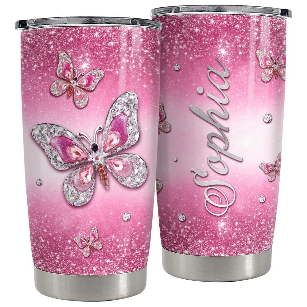 Personalized Pink Butterfly Tumbler Jewelry Style For Animal Lover