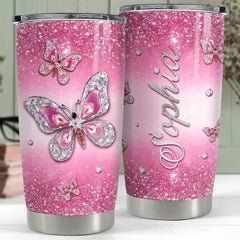 Personalized Pink Butterfly Tumbler Jewelry Style For Animal Lover
